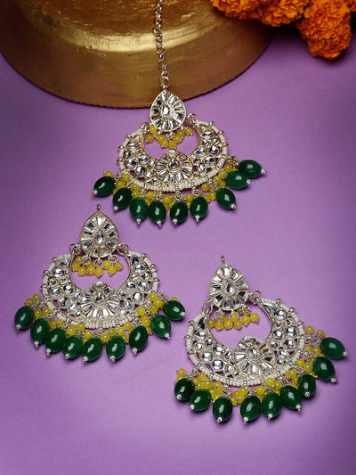 Studio Sukkhi Exquisite Gold Plated Green & Yellow Colour Earrings & Maangtikka Jewellery Set with Kundan and Beads for Women EM105793