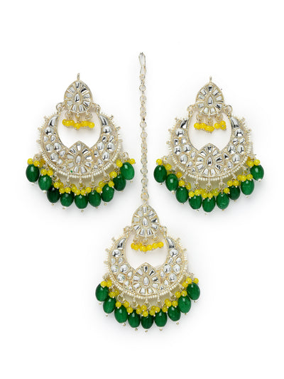 Studio Sukkhi Exquisite Gold Plated Green & Yellow Colour Earrings & Maangtikka Jewellery Set with Kundan and Beads for Women EM105793