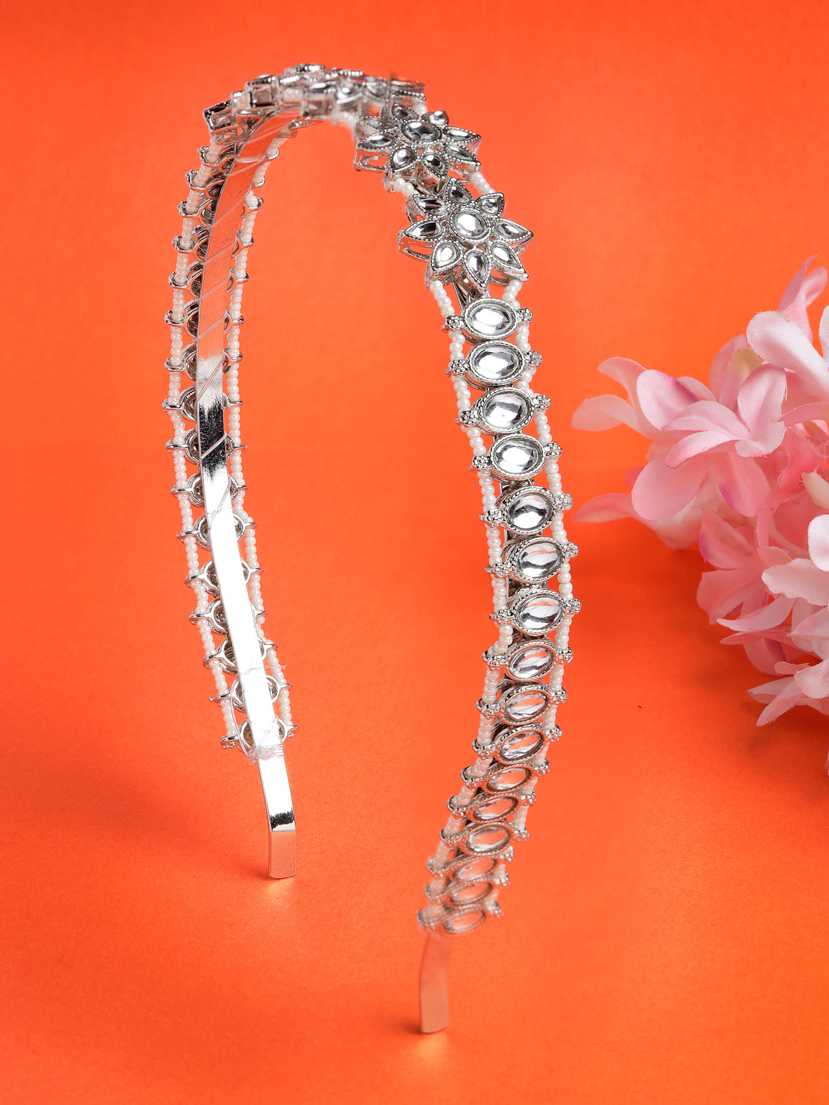 Sukkhi Tendy Floral Style Silver Phodium Plated With Kundan & Beads Studded Hair Band, Matha Patti, Sheesh Patti, Hair Accessories Jewellery for Womens & Girls |Pack of 1|HBND106851