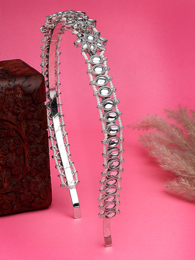 Sukkhi Tendy Floral Style Silver Phodium Plated With Kundan & Beads Studded Hair Band, Matha Patti, Sheesh Patti, Hair Accessories Jewellery for Womens & Girls |Pack of 1|HBND106851