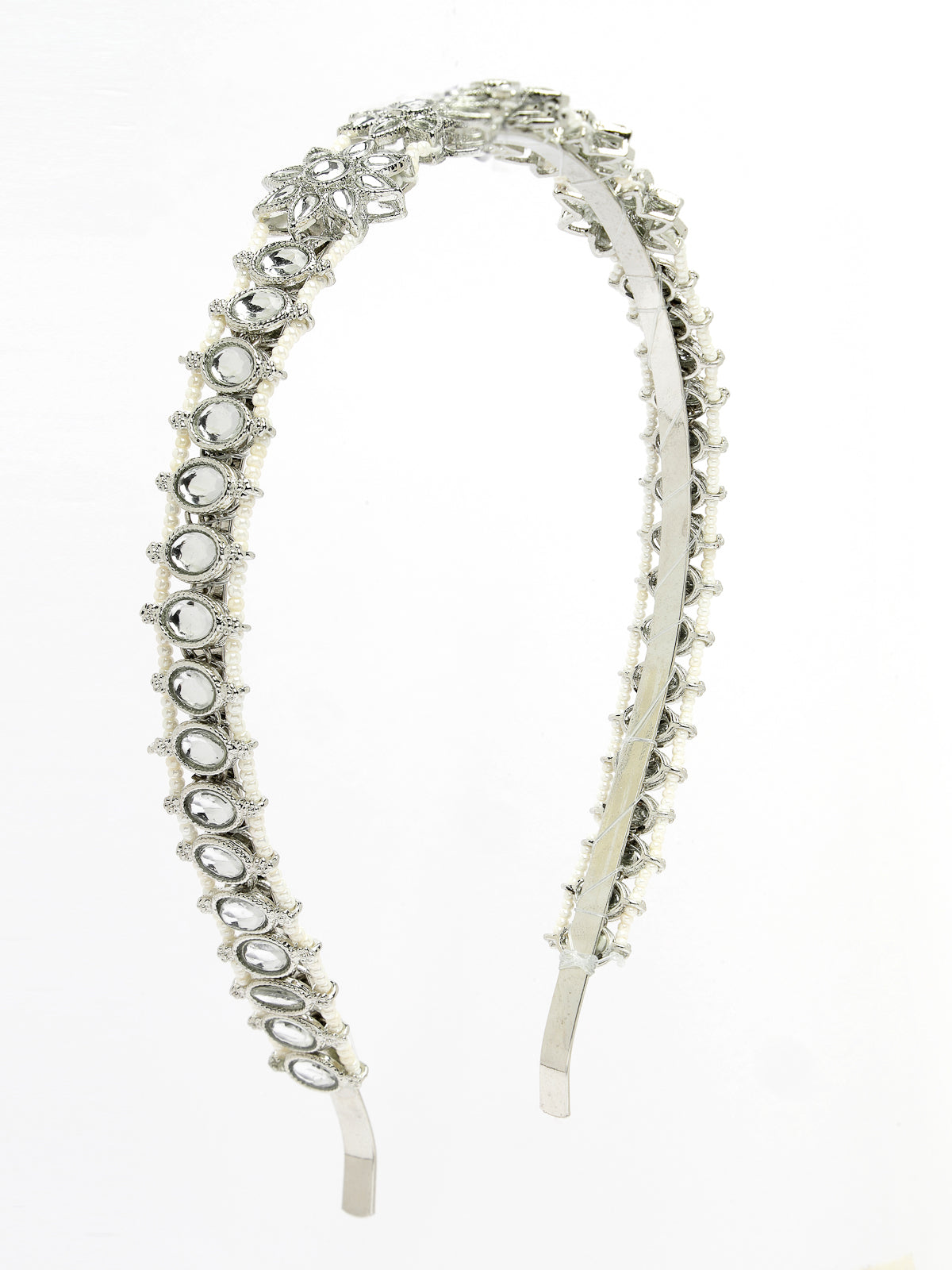 Sukkhi Tendy Floral Style Silver Phodium Plated With Kundan & Beads Studded Hair Band, Matha Patti, Sheesh Patti, Hair Accessories Jewellery for Womens & Girls |Pack of 1|HBND106851