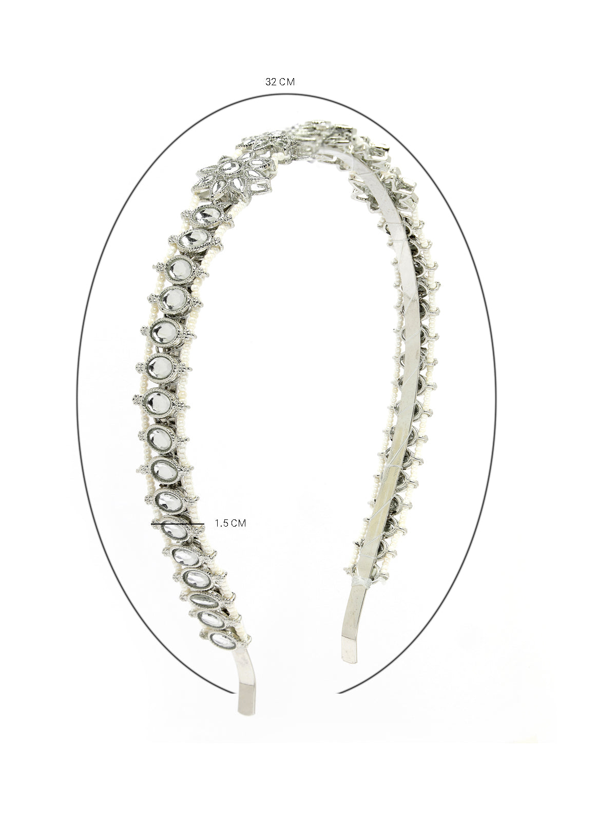 Sukkhi Tendy Floral Style Silver Phodium Plated With Kundan & Beads Studded Hair Band, Matha Patti, Sheesh Patti, Hair Accessories Jewellery for Womens & Girls |Pack of 1|HBND106851