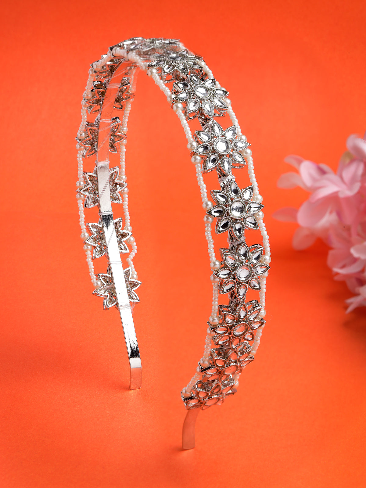 Sukkhi Latest Traditional Fashion Silver Phodium Plated with Kundan & Pearl Beaded Matha Patti, Sheesh Patti, Hair Band Hair Accessories Jewellery for Womens & Girls |Pack of 1|HBND106852