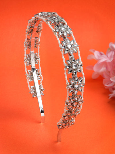 Sukkhi Latest Traditional Fashion Silver Phodium Plated with Kundan & Pearl Beaded Matha Patti, Sheesh Patti, Hair Band Hair Accessories Jewellery for Womens & Girls |Pack of 1|HBND106852