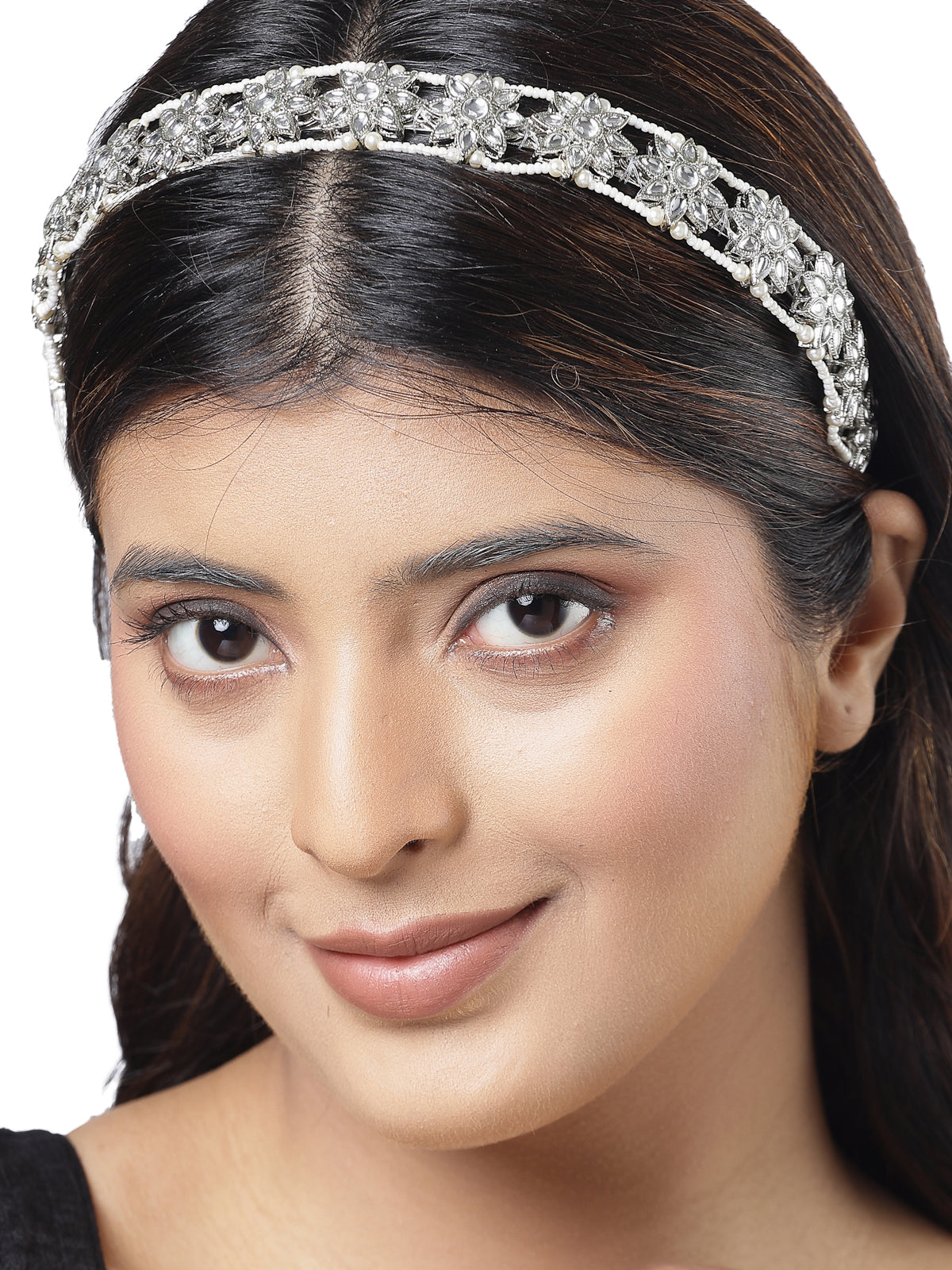 Sukkhi Latest Traditional Fashion Silver Phodium Plated with Kundan & Pearl Beaded Matha Patti, Sheesh Patti, Hair Band Hair Accessories Jewellery for Womens & Girls |Pack of 1|HBND106852