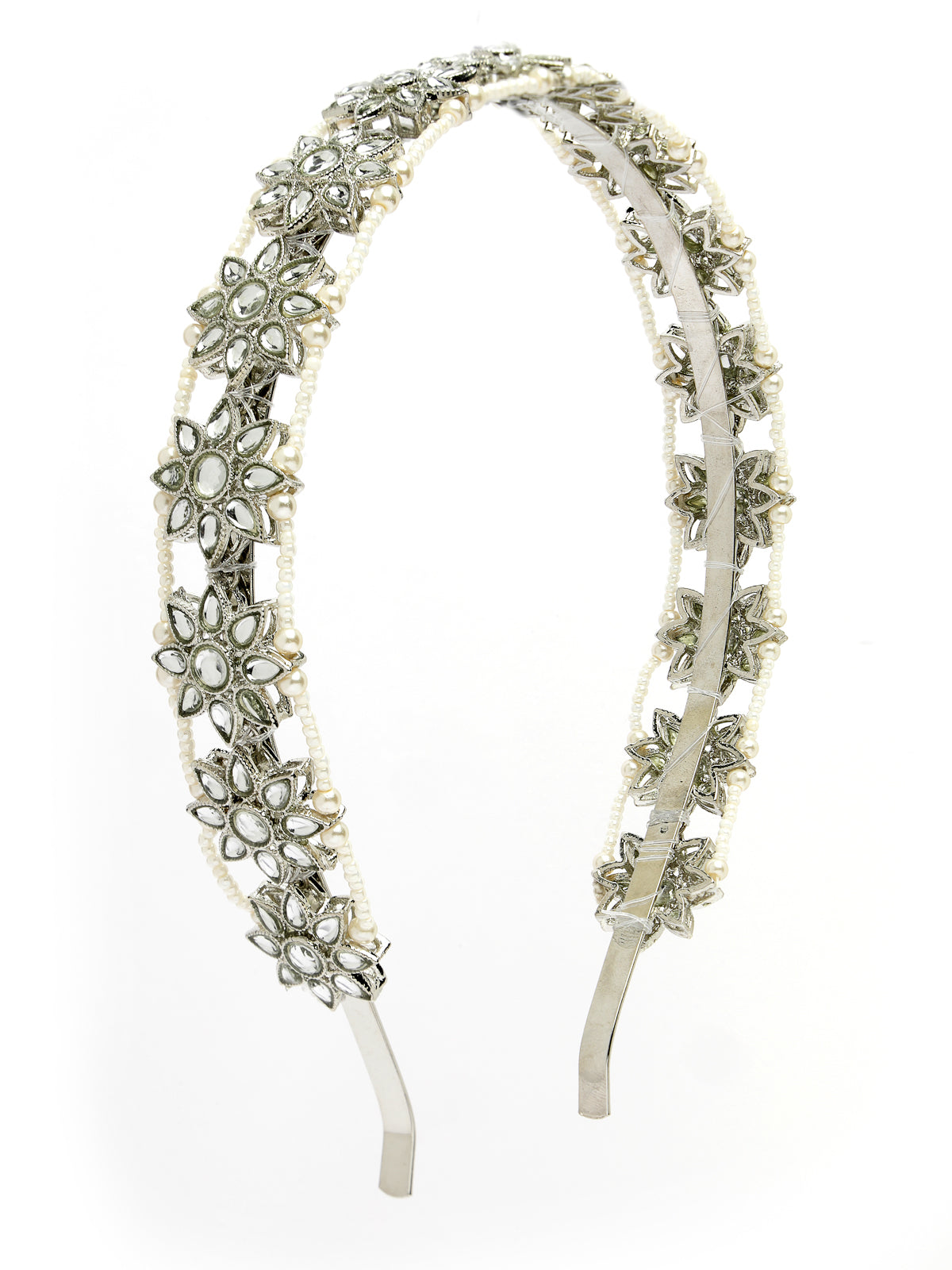 Sukkhi Latest Traditional Fashion Silver Phodium Plated with Kundan & Pearl Beaded Matha Patti, Sheesh Patti, Hair Band Hair Accessories Jewellery for Womens & Girls |Pack of 1|HBND106852