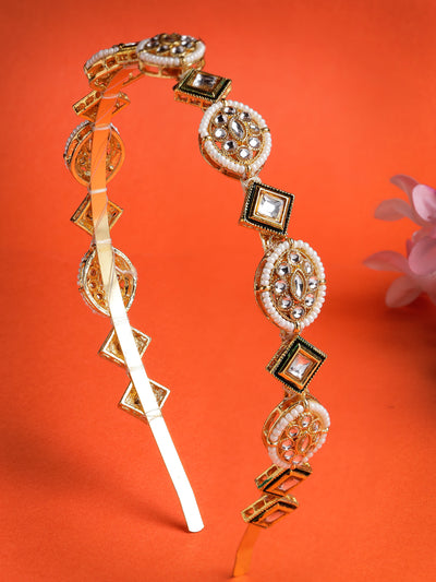 Sukkhi Traditional Style Kundan Beaded Gold Plated With Green Meenakari Work Hairband Matha Patti, Sheesh Patti, Hair Accessories for Womens & Girls | Pack of 1 |HBND106853