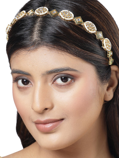 Sukkhi Traditional Style Kundan Beaded Gold Plated With Green Meenakari Work Hairband Matha Patti, Sheesh Patti, Hair Accessories for Womens & Girls | Pack of 1 |HBND106853