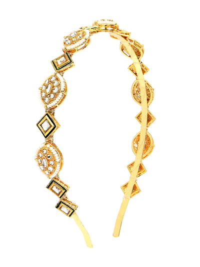 Sukkhi Traditional Style Kundan Beaded Gold Plated With Green Meenakari Work Hairband Matha Patti, Sheesh Patti, Hair Accessories for Womens & Girls | Pack of 1 |HBND106853