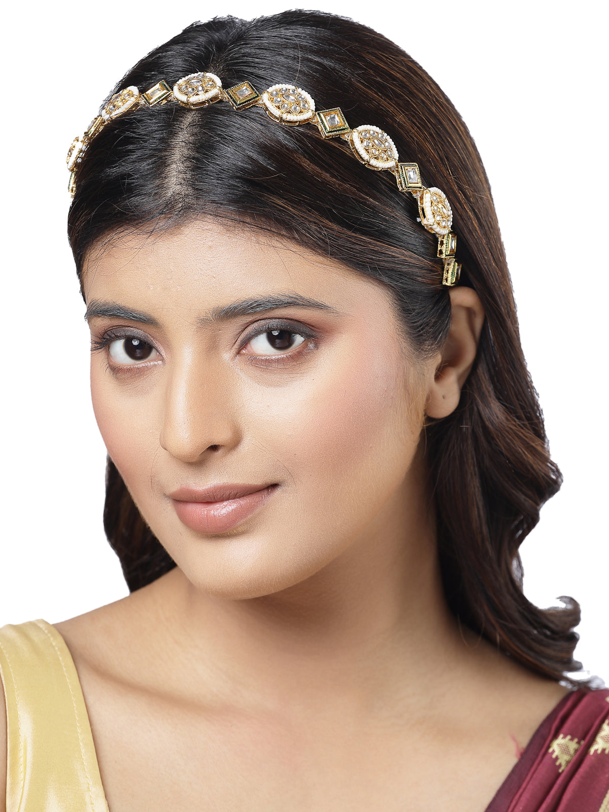 Sukkhi Traditional Style Kundan Beaded Gold Plated With Green Meenakari Work Hairband Matha Patti, Sheesh Patti, Hair Accessories for Womens & Girls | Pack of 1 |HBND106853