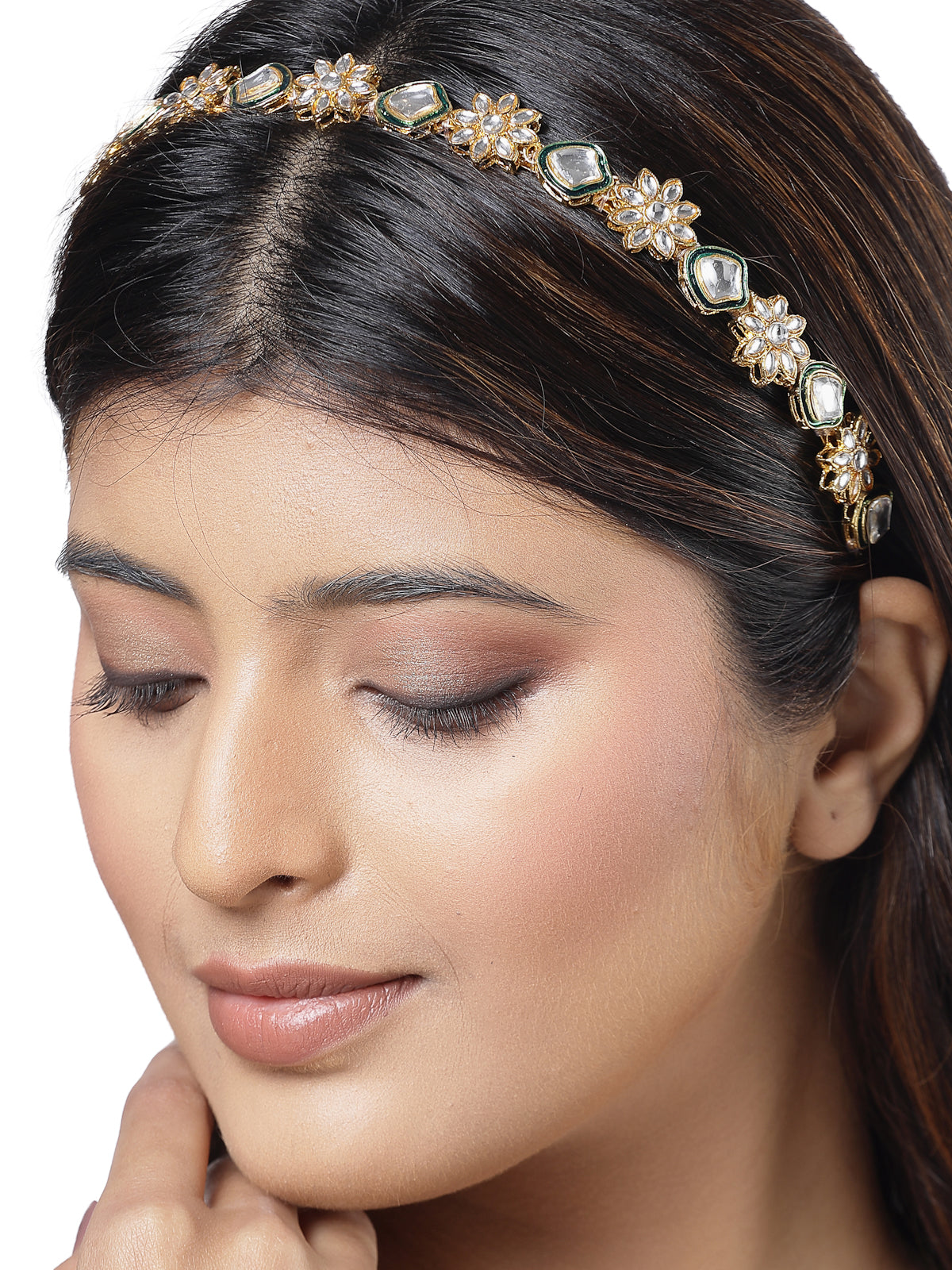 Sukkhi Attractive Floral Gold Plated Kundan Studded with Green Meenakari Work Gold Hair Band Matha Patti, Sheesh Patti, Hair Accessories Jewellery for Womens & Girls | Pack of 1 |HBND106854