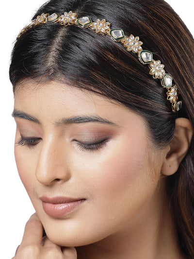 Sukkhi Attractive Floral Gold Plated Kundan Studded with Green Meenakari Work Gold Hair Band Matha Patti, Sheesh Patti, Hair Accessories Jewellery for Womens & Girls | Pack of 1 |HBND106854