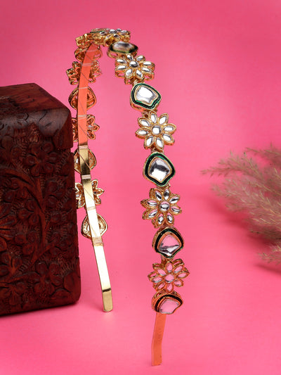 Sukkhi Attractive Floral Gold Plated Kundan Studded with Green Meenakari Work Gold Hair Band Matha Patti, Sheesh Patti, Hair Accessories Jewellery for Womens & Girls | Pack of 1 |HBND106854