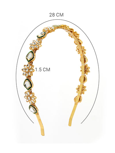 Sukkhi Attractive Floral Gold Plated Kundan Studded with Green Meenakari Work Gold Hair Band Matha Patti, Sheesh Patti, Hair Accessories Jewellery for Womens & Girls | Pack of 1 |HBND106854