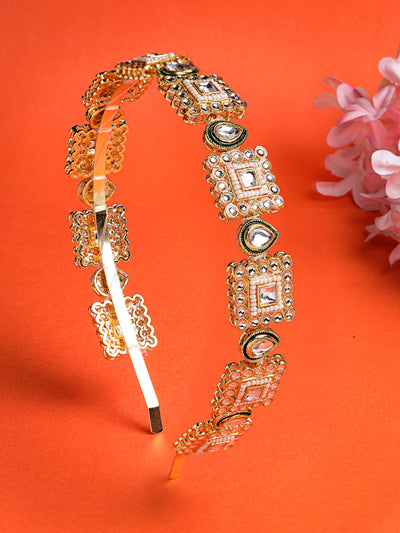 Sukkhi Ethnic Stylish Squear Shaped Gold Plated Kundan Studded With Meenakari Work Hair Band Matha Patti, Sheesh Patti, Hair Accessories Jewellery For Women & Girls | Pack of 1|HBND106855