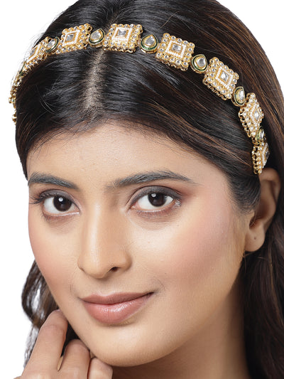 Sukkhi Ethnic Stylish Squear Shaped Gold Plated Kundan Studded With Meenakari Work Hair Band Matha Patti, Sheesh Patti, Hair Accessories Jewellery For Women & Girls | Pack of 1|HBND106855