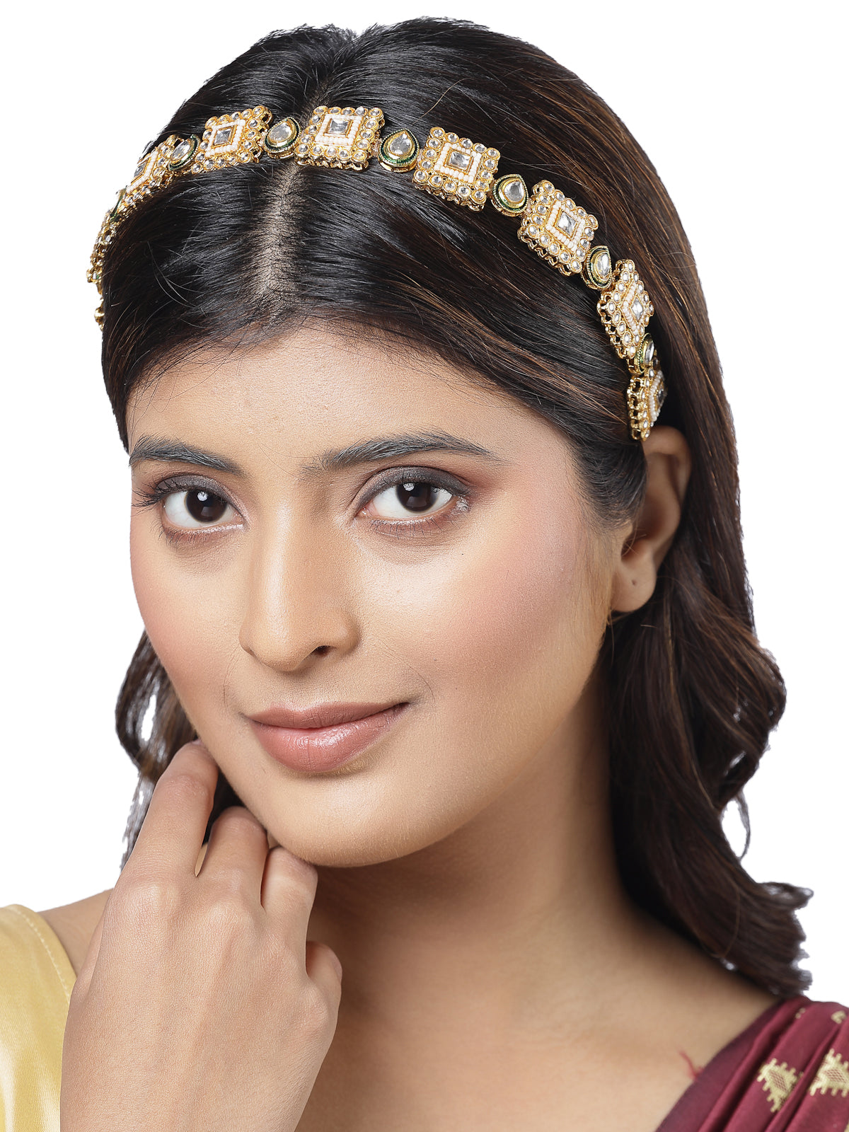 Sukkhi Ethnic Stylish Squear Shaped Gold Plated Kundan Studded With Meenakari Work Hair Band Matha Patti, Sheesh Patti, Hair Accessories Jewellery For Women & Girls | Pack of 1|HBND106855