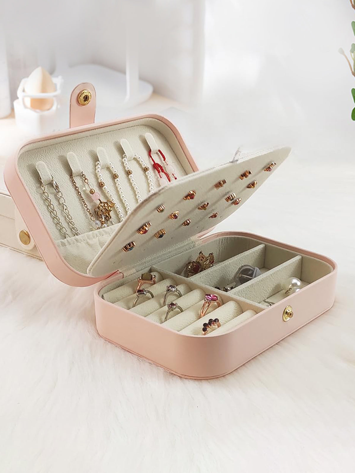 Scintillare By Sukkhi Jewellery Organiser PU Leather Button Portable Storage Box Case with Dividers Container for Rings, Earrings, Necklace Home Organizer JB107104