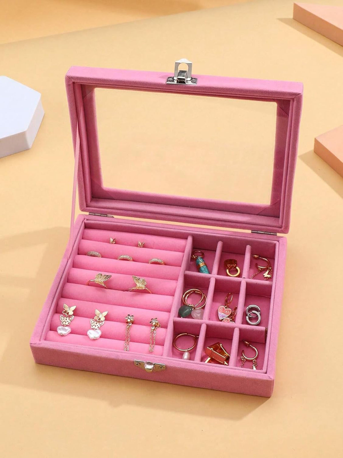 Scintillare By Sukkhi Jewellery Box Jewellery Organiser Box Velvet Clear Lid Jewelry Organizer, Ring Earring Bracelets Jewelry Storage Case, Portable Jewelry Box for Girls Women JB107112