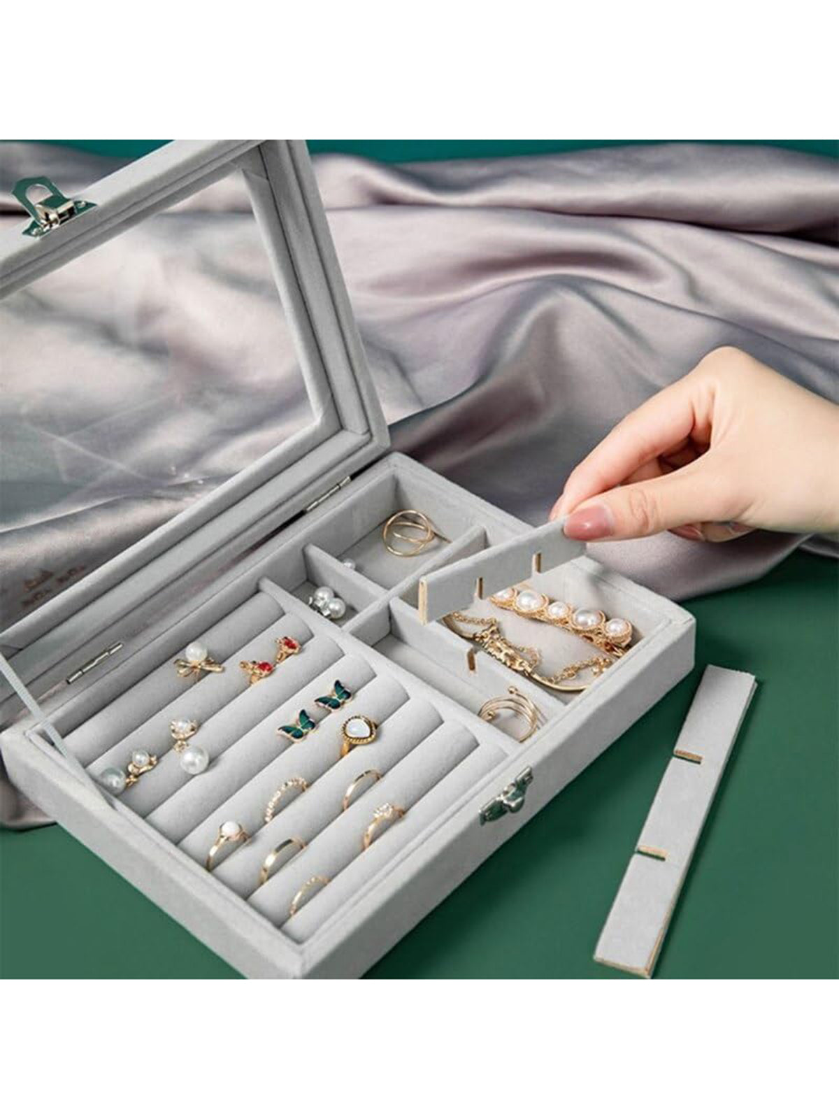 Scintillare By Sukkhi Jewellery Box Jewellery Organiser Box Velvet Clear Lid Jewelry Organizer, Ring Earring Bracelets Jewelry Storage Case, Portable Jewelry Box for Girls Women JB107113