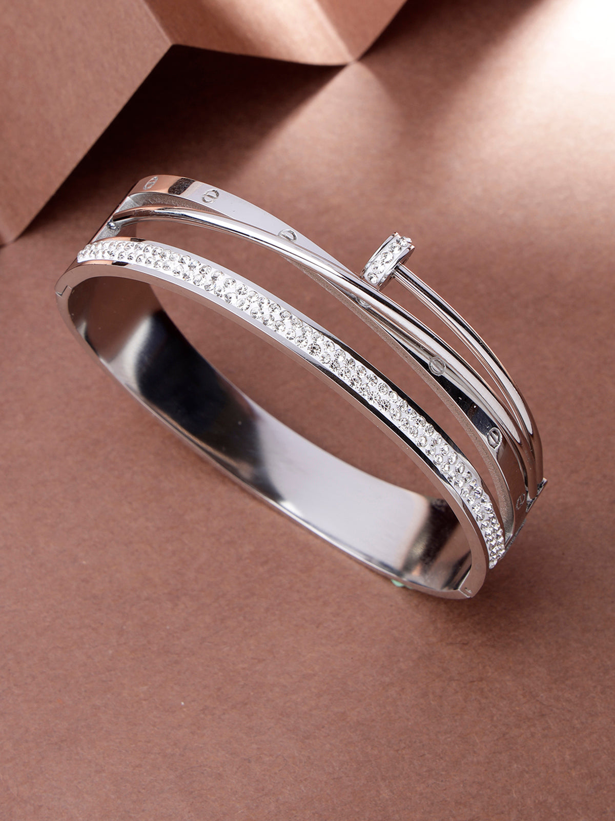 Scintillare By Sukkhi Rhodium Plated with Stainless Steel Multilayer Openable Kada Bracelet Jewellery for Women & Girls|Anti Tarnish Jewellery|Gifts for Wife Girlfriend Mother Sister|K107053