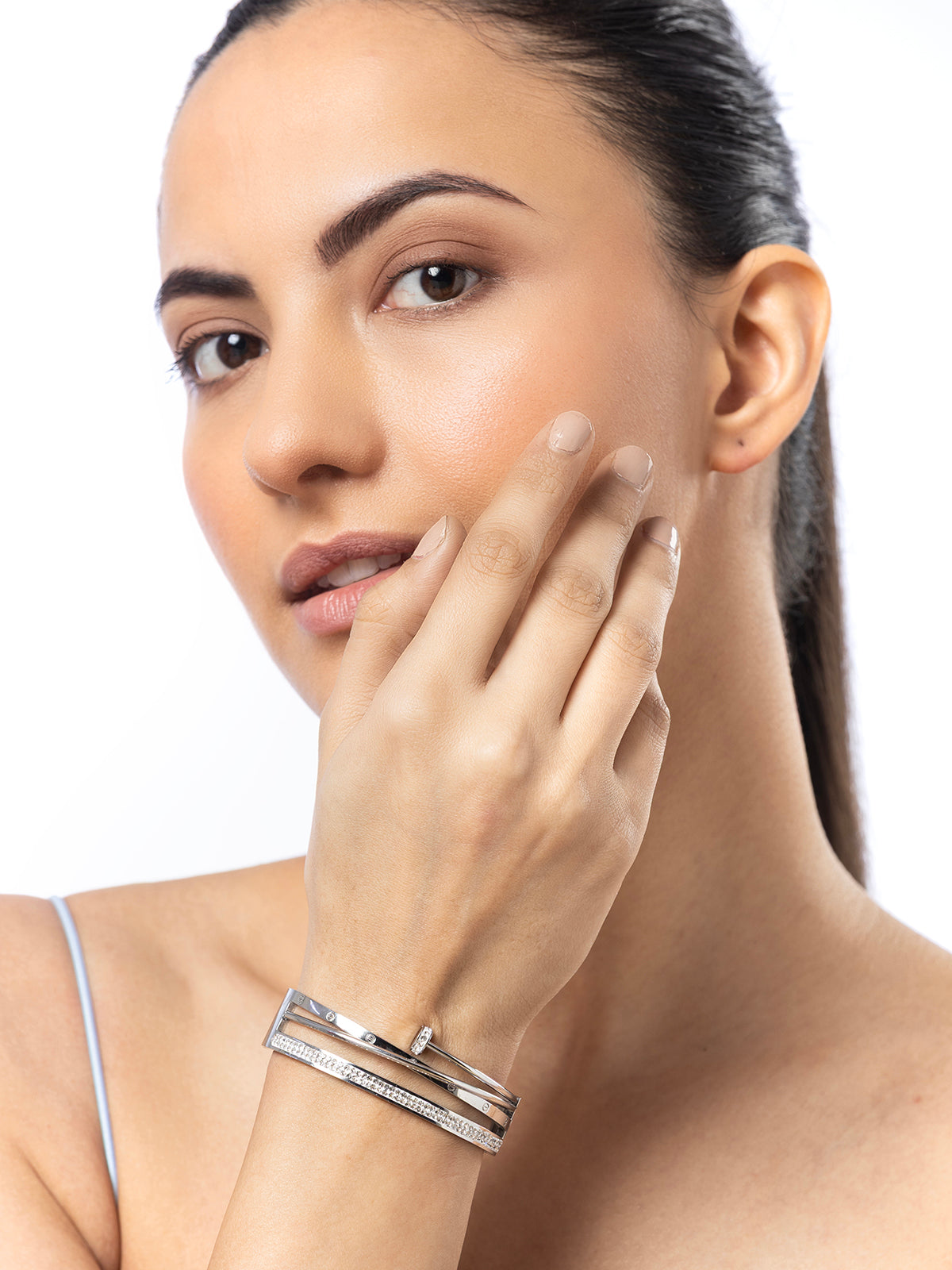 Scintillare By Sukkhi Rhodium Plated with Stainless Steel Multilayer Openable Kada Bracelet Jewellery for Women & Girls|Anti Tarnish Jewellery|Gifts for Wife Girlfriend Mother Sister|K107053