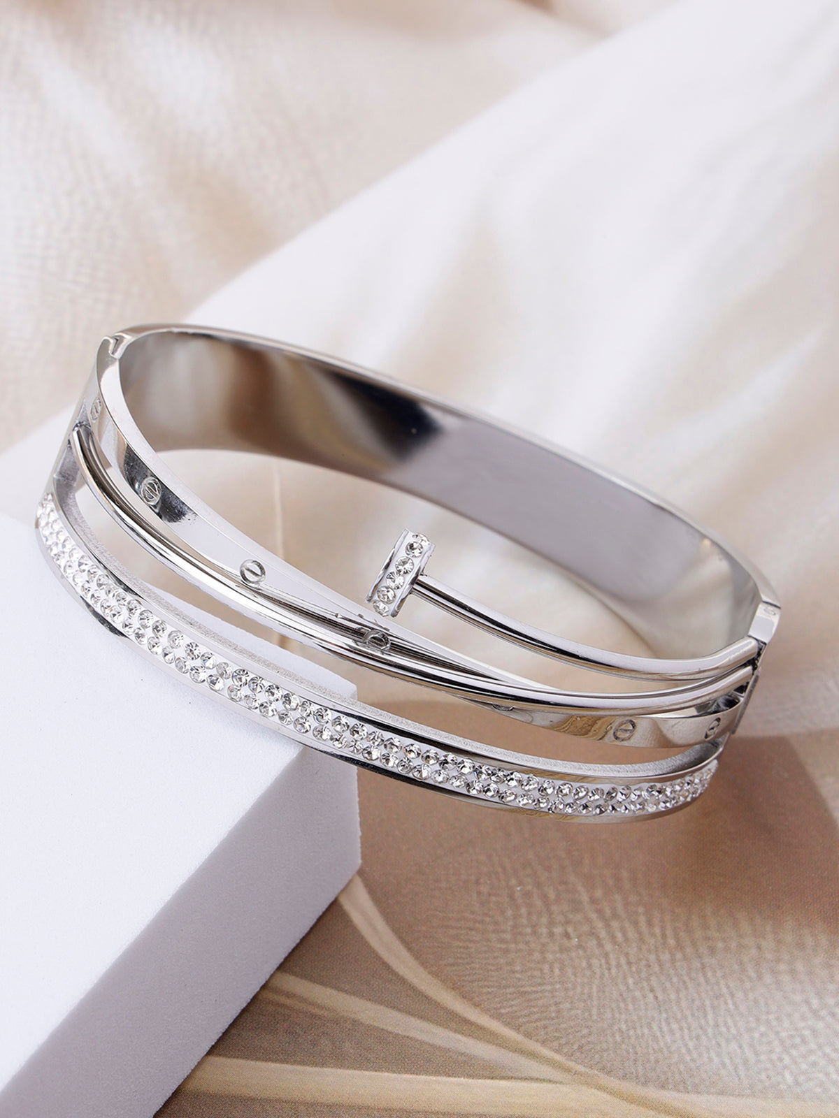 Scintillare By Sukkhi Rhodium Plated with Stainless Steel Multilayer Openable Kada Bracelet Jewellery for Women & Girls|Anti Tarnish Jewellery|Gifts for Wife Girlfriend Mother Sister|K107053