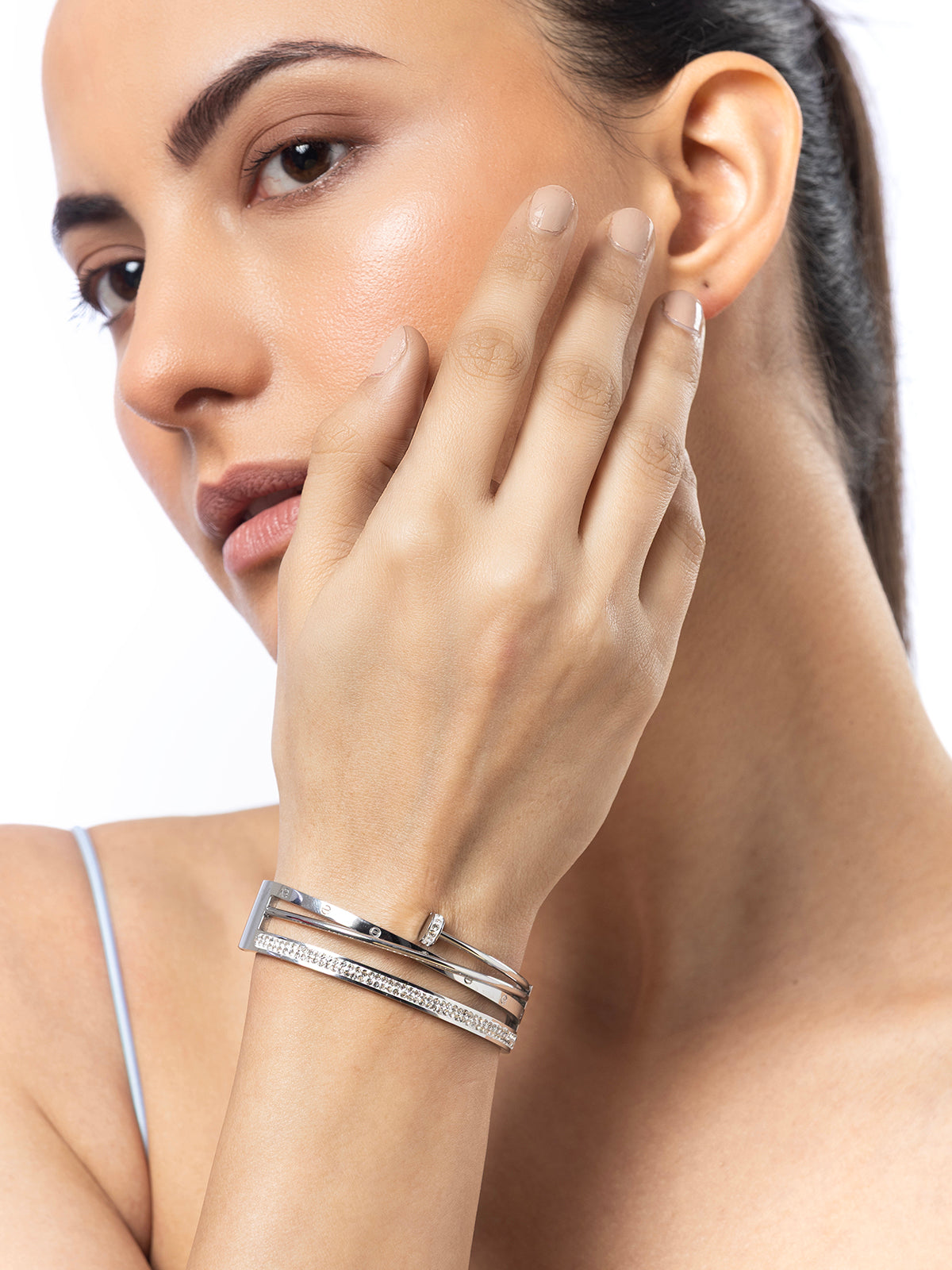Scintillare By Sukkhi Rhodium Plated with Stainless Steel Multilayer Openable Kada Bracelet Jewellery for Women & Girls|Anti Tarnish Jewellery|Gifts for Wife Girlfriend Mother Sister|K107053