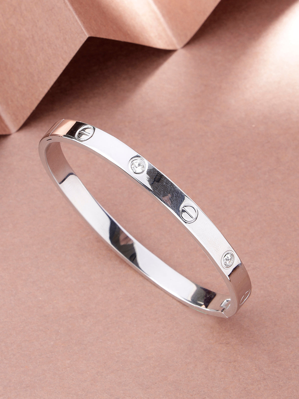 Scintillare By Sukkhi Classy Rhodium Plated with Stainless Steel & Crystal Stones Openable Oval Kada Bracelet Jewellery for Women & Girls|Anti Tarnish Jewellery|Gift for Wife Girlfriend Mother|K107056