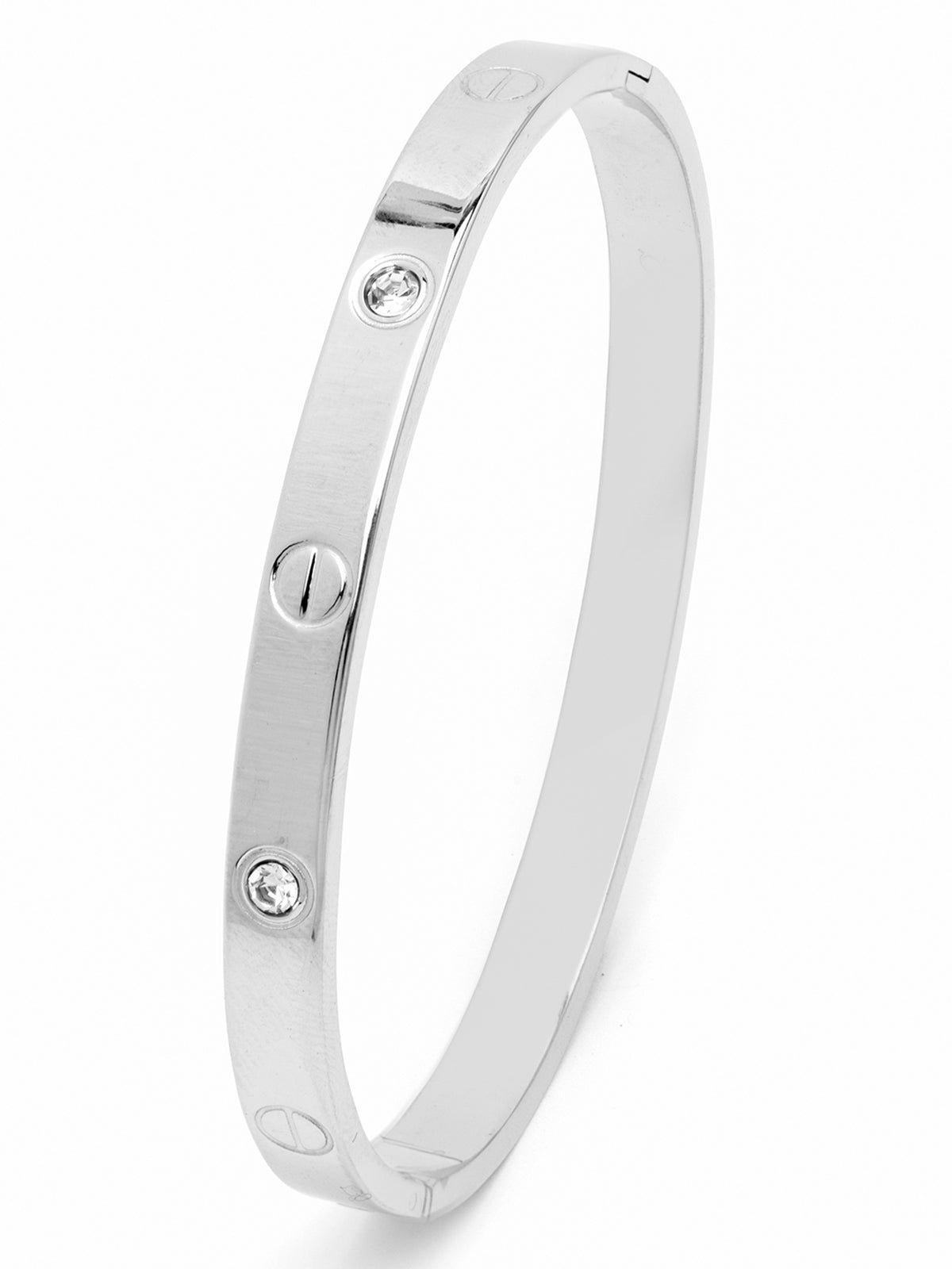 Scintillare By Sukkhi Classy Rhodium Plated with Stainless Steel & Crystal Stones Openable Oval Kada Bracelet Jewellery for Women & Girls|Anti Tarnish Jewellery|Gift for Wife Girlfriend Mother|K107056
