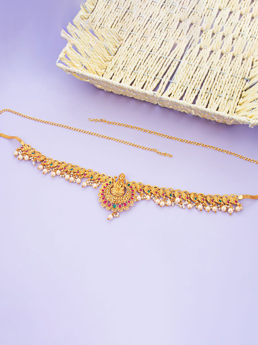 Sukkhi Fascinating Temple Gold Plated Colur Stone & Pearl Kamarband For Women KB103214