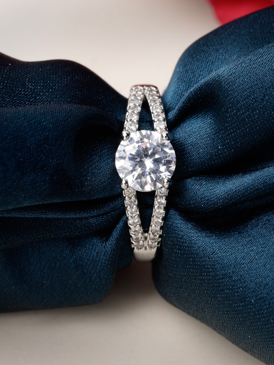 Scintillare by Sukkhi Ravishing Classic Solitaire Rhodium Plated With American Diamonds Studded Silver Finger Ring for Women & Girls | Valentine Day Gifts Collection|LR106568