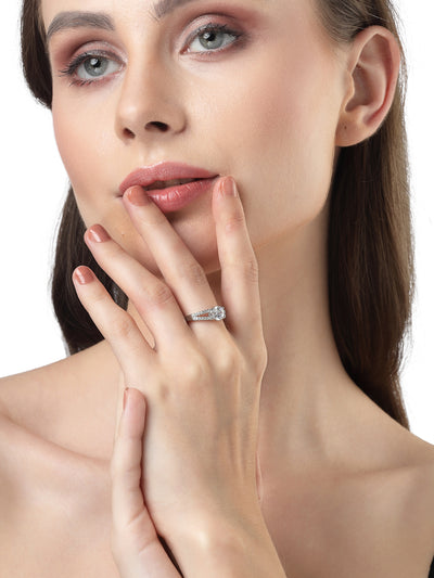 Scintillare by Sukkhi Ravishing Classic Solitaire Rhodium Plated With American Diamonds Studded Silver Finger Ring for Women & Girls | Valentine Day Gifts Collection|LR106568