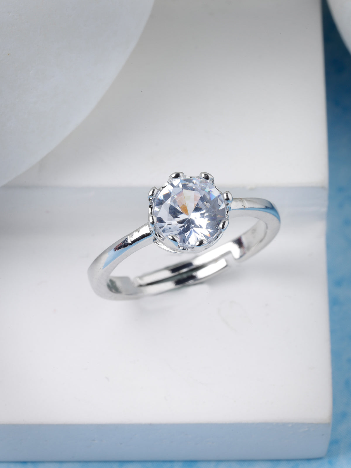 Scintillare by Sukkhi Light Weight Solitaire Rhodium Plated Silver With American Diamonds Studded Adjustable Silver Finger Ring for Women & Girls | Valentine Day Gifts Collection|LR106569