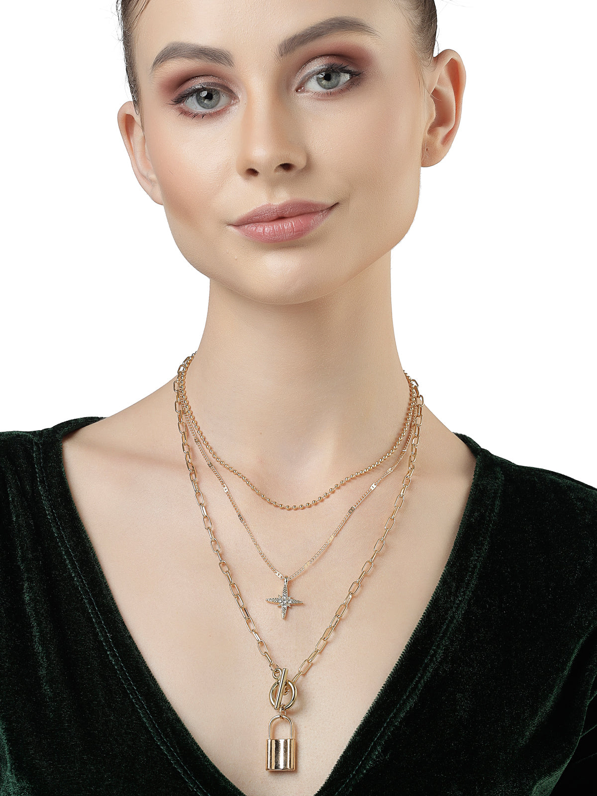 Scintillare by Sukkhi Desirable Stylish Gold Plated Multilayered Lock Pendant Necklace for Women & Girls |Birthday Gift for Girls And Women Anniversary Gift for Wife| Gifts Collection|N106611