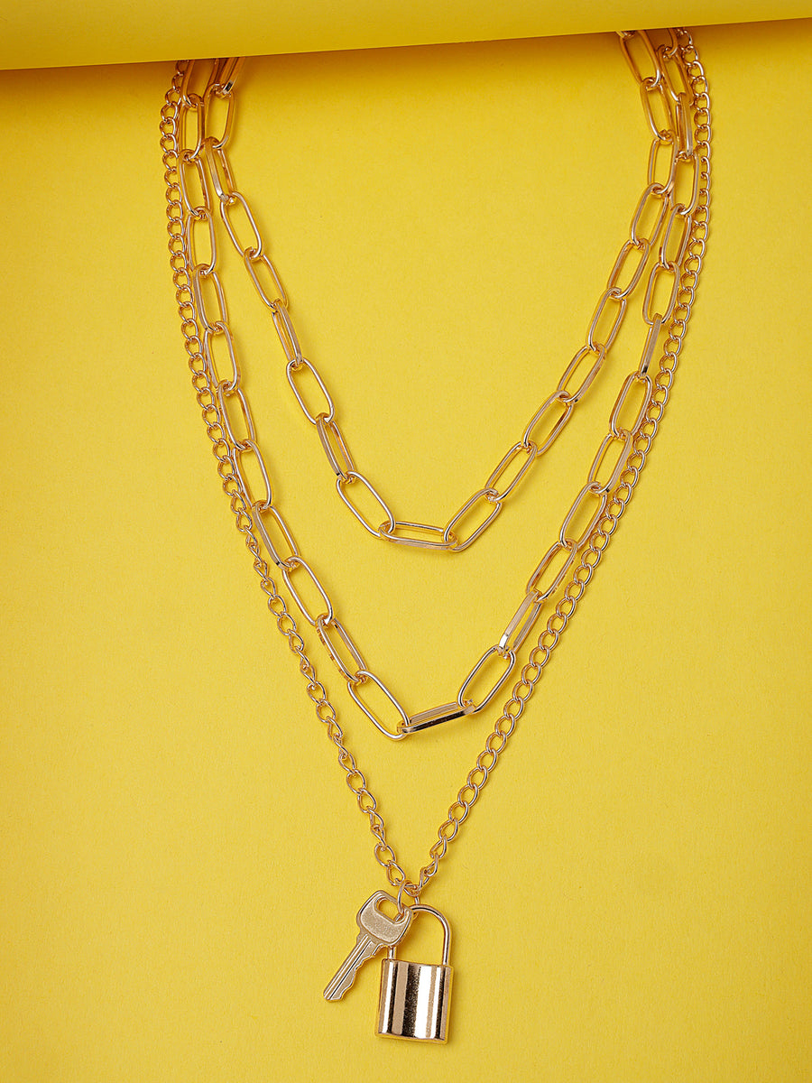 Scintillare by Sukkhi Lavish Gold Plated 3 Layered Key & Lock Pendant Necklace for Women & Girls |Birthday Gift for Girls And Women Anniversary Gift for Wife| Gifts Collection|N106767