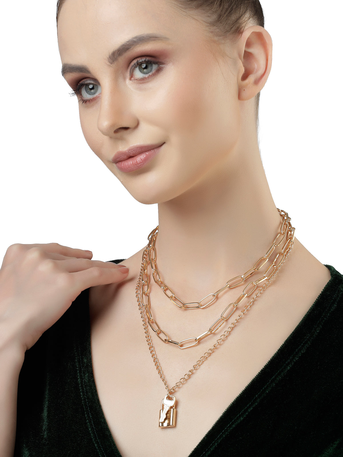 Scintillare by Sukkhi Lavish Gold Plated 3 Layered Key & Lock Pendant Necklace for Women & Girls |Birthday Gift for Girls And Women Anniversary Gift for Wife| Gifts Collection|N106767