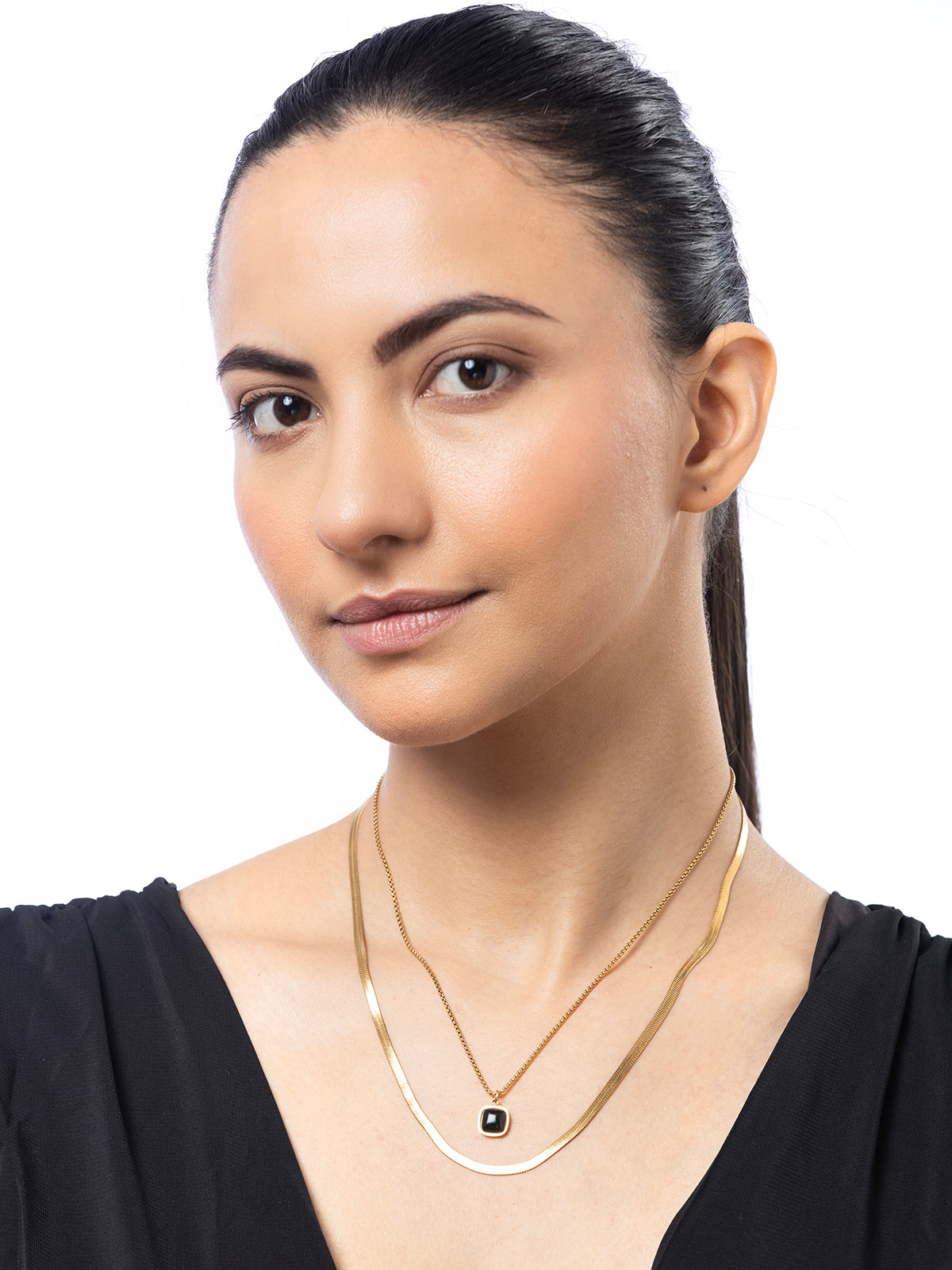 Scintillare By Sukkhi Stylish Gold Plated Black Square Pendant with Stainless Steel Double Chain Necklace Jewellery for Women & Girls|Anti Tarnish Jewellery|Gifts for Wife Girlfriend Mother|N107008