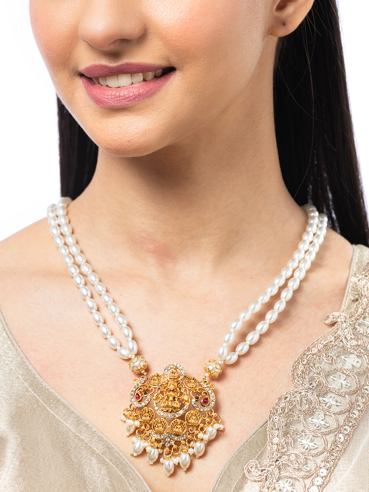 Sukkhi Classic Laxmi Design Style 18k Gold Plated White Pearl Necklace Jewellery for Women & Girls|N107074