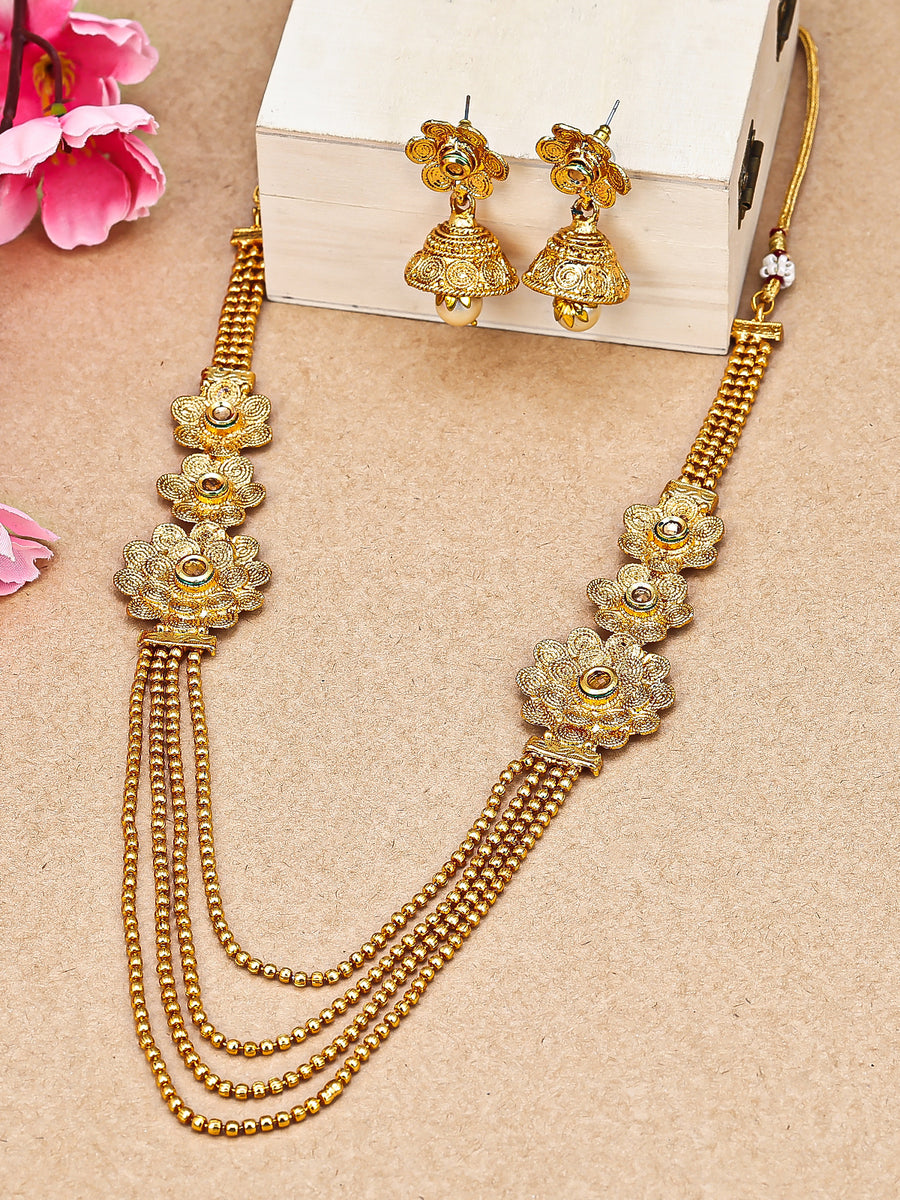 Sukkhi Pleasing 4 String Jalebi Gold Plated Alloy Long Haram Necklace Set For Women N71498GLDPH850