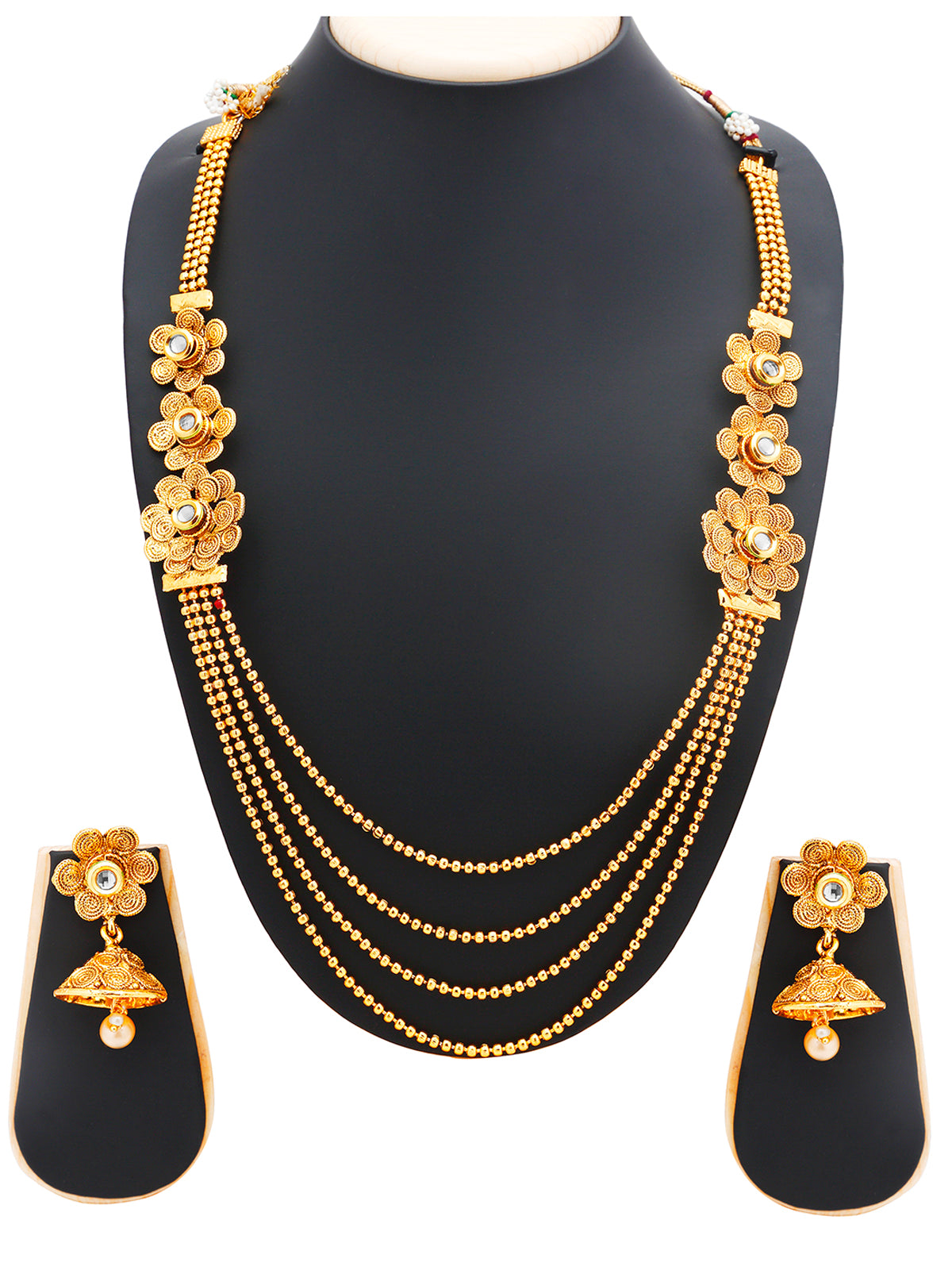 Sukkhi Pleasing 4 String Jalebi Gold Plated Alloy Long Haram Necklace Set For Women N71498GLDPH850