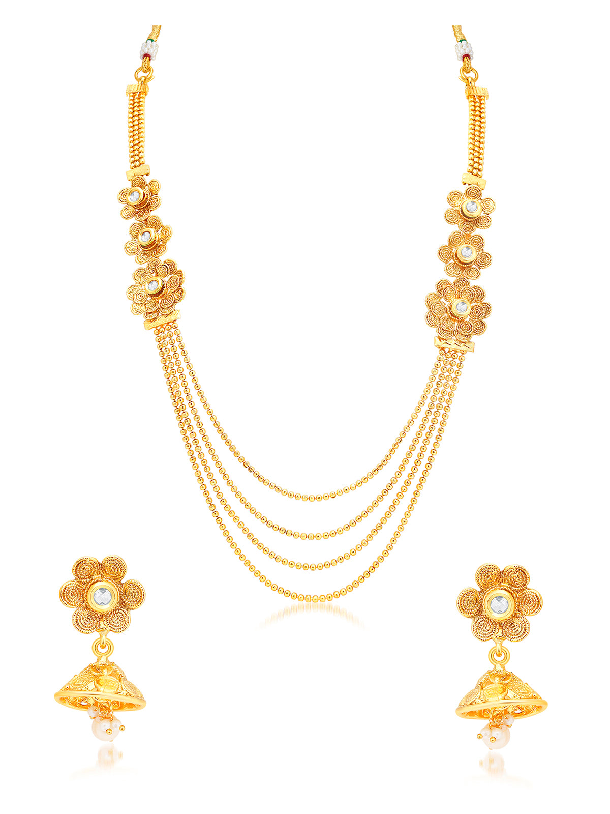 Sukkhi Pleasing 4 String Jalebi Gold Plated Alloy Long Haram Necklace Set For Women N71498GLDPH850