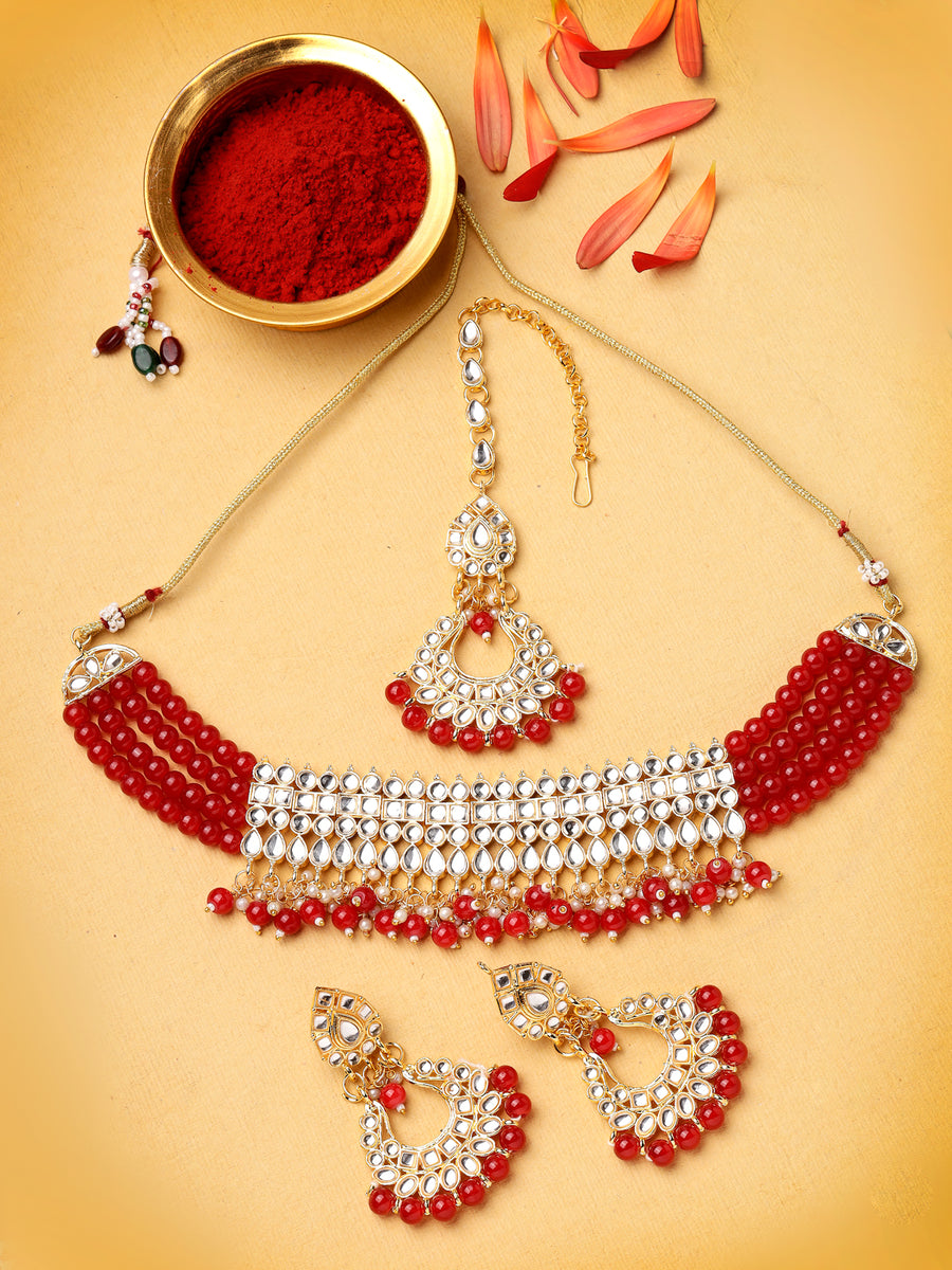 Sukkhi Decent Gold Plated Red Beadded With White Kundan Choker Necklace Set with Dangler Earring & Maangtikka Jewellery Set for Women & Girls|Set of 1|N73502 N73502