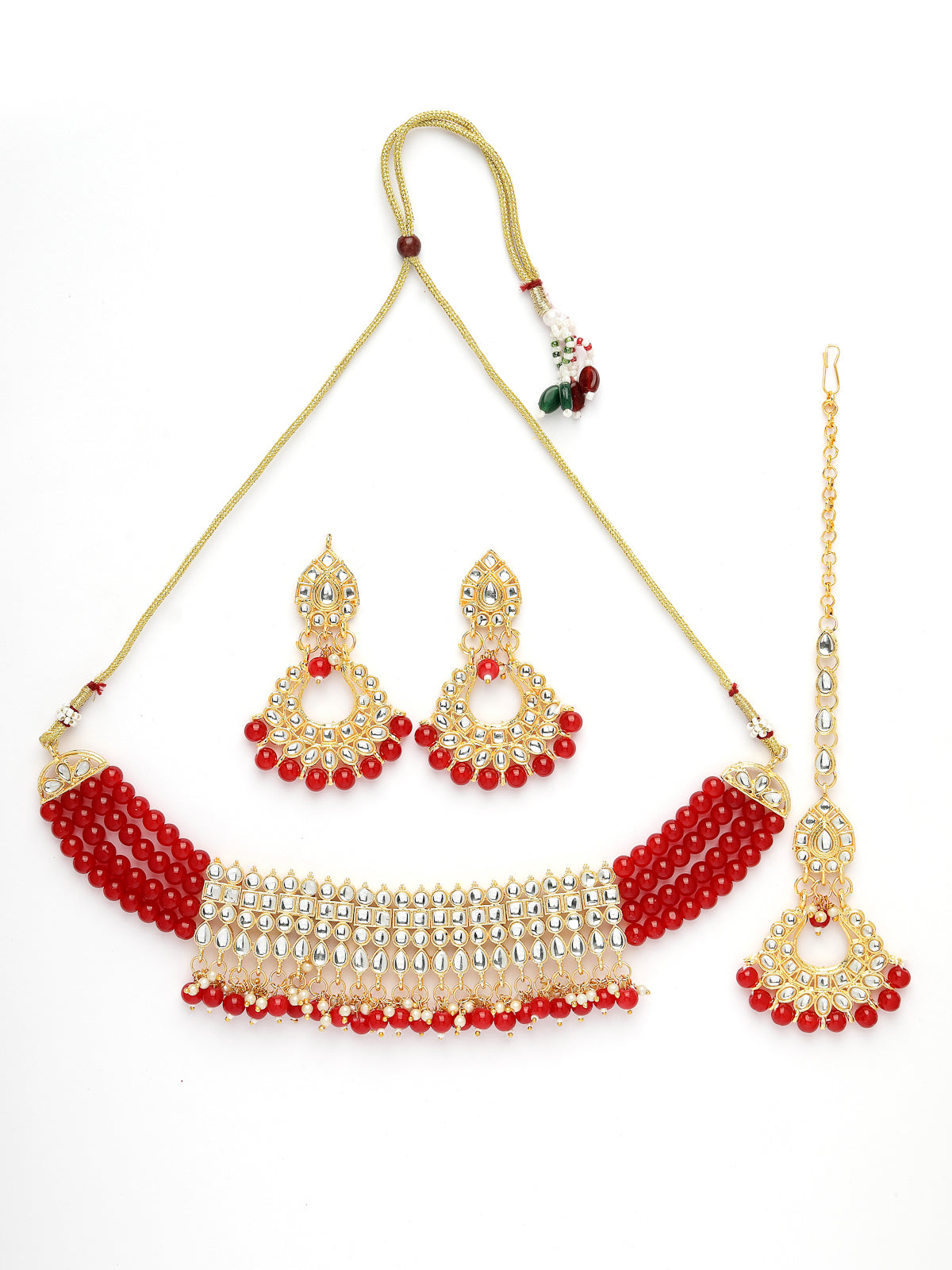 Sukkhi Decent Gold Plated Red Beadded With White Kundan Choker Necklace Set with Dangler Earring & Maangtikka Jewellery Set for Women & Girls|Set of 1|N73502 N73502