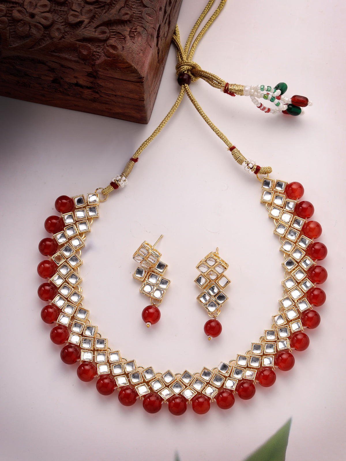 Sukkhi Trendy Gold Plated Red Beadded Choker Necklace Set with Drop Earring Jewellery Set for Women & Girls|Set of 1|N73524