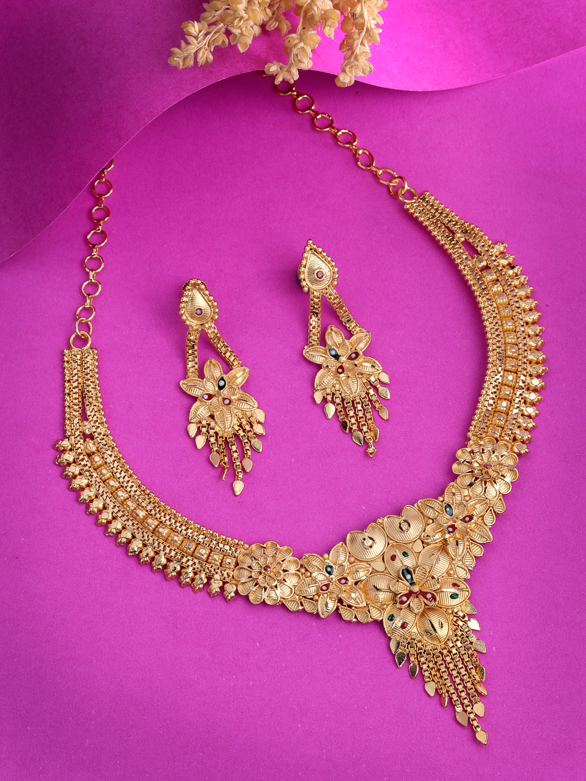 Sukkhi All-Season Trendy One Gram High Gold Plated With Red Green Meenakari Work Choker Necklace Set with Dangler Earrings Jewellery Set for Women & Girls|Set of 1|N73719