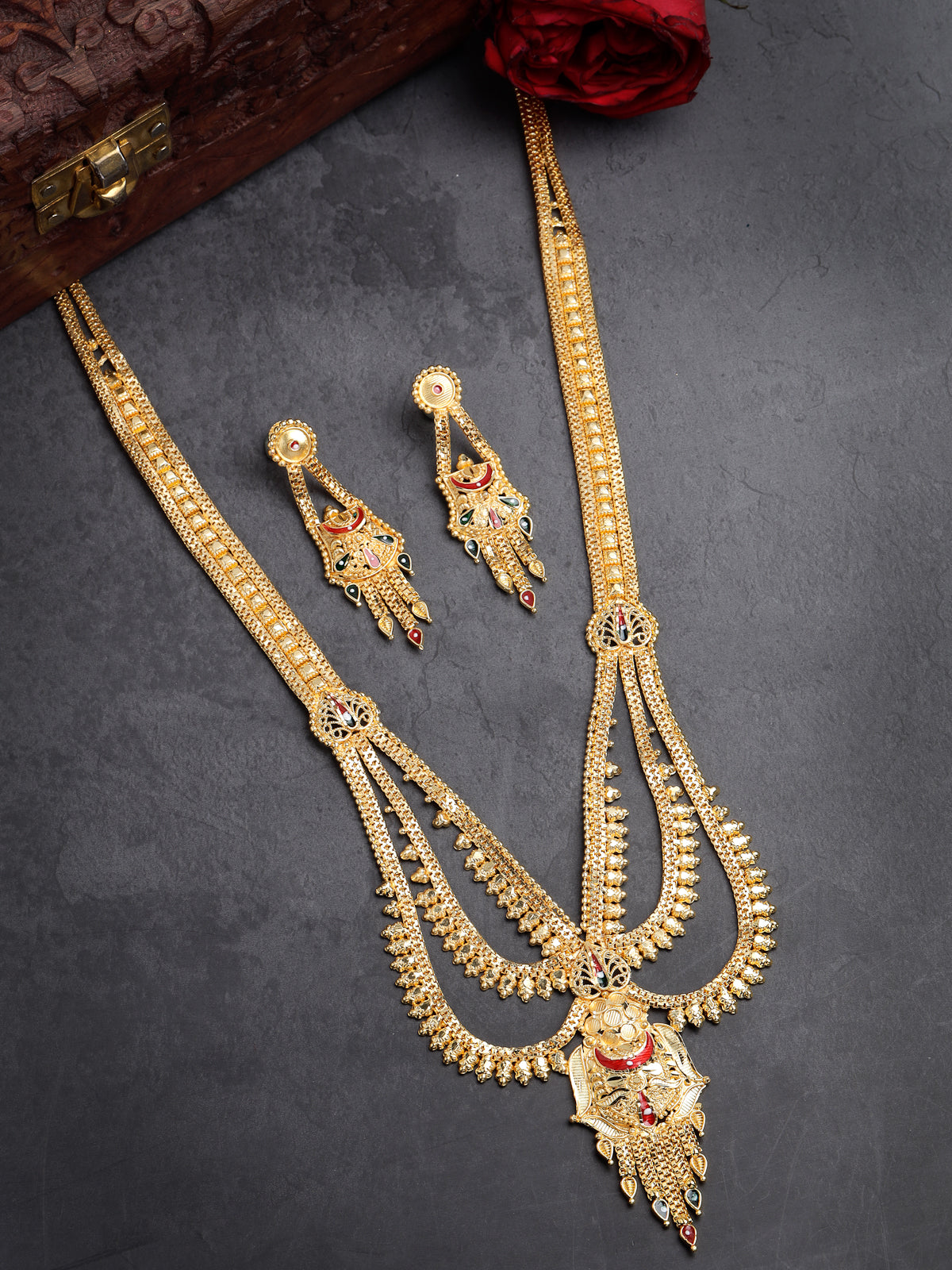 Sukkhi South Indain 18k Gold Plated with Red Green Meenakari Work Multi Layer  Long Necklace Set &  Dangler Earring Jewellery Set for Women & Girls|Set of 1|N73757