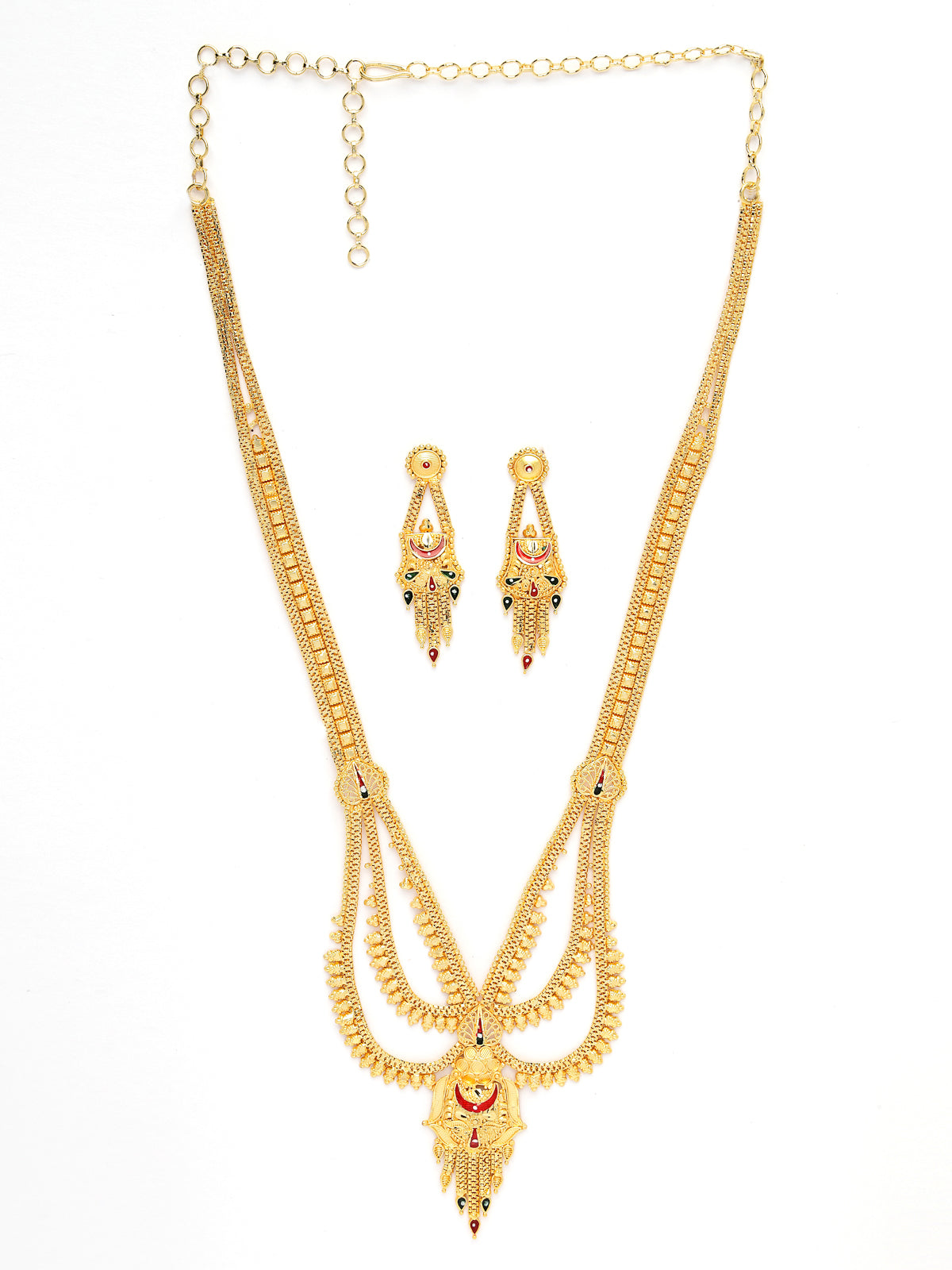 Sukkhi South Indain 18k Gold Plated with Red Green Meenakari Work Multi Layer  Long Necklace Set &  Dangler Earring Jewellery Set for Women & Girls|Set of 1|N73757
