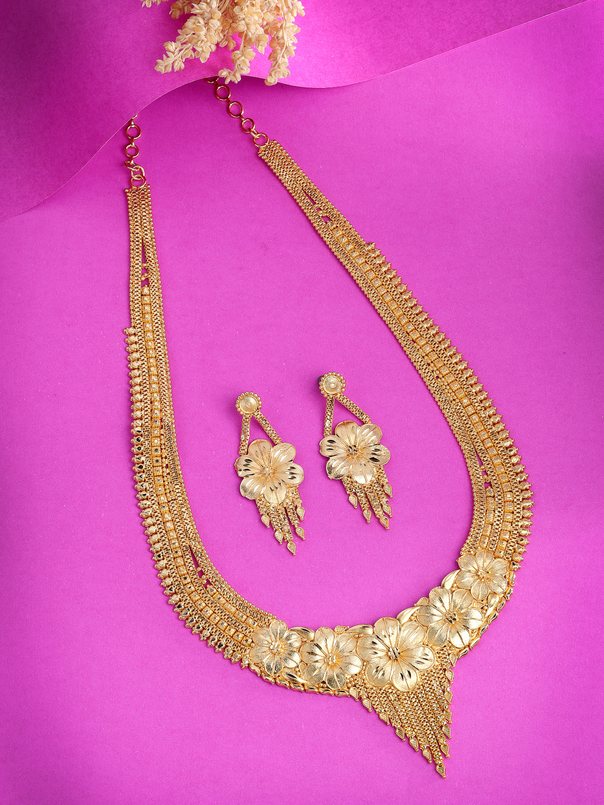 Sukkhi Latest Indian Style 18k Gold Forming Gold Plated Floral Long Necklace Set with Dangler Earring Jewellery Set for Women & Girls|Set of 1|N73759