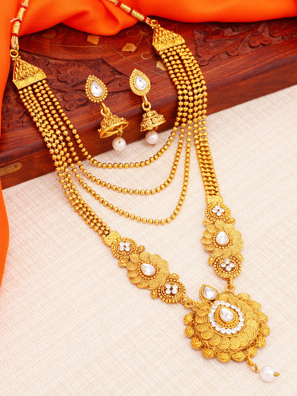 Sukkhi Marvellous Pearl Gold Plated Kundan Long Haram Necklace Set for women N79591